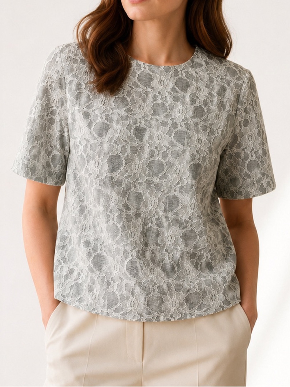 Brooks Brothers Red Fleece Lace Overlay Short Sleeve Blouse Top Gray Size Medium